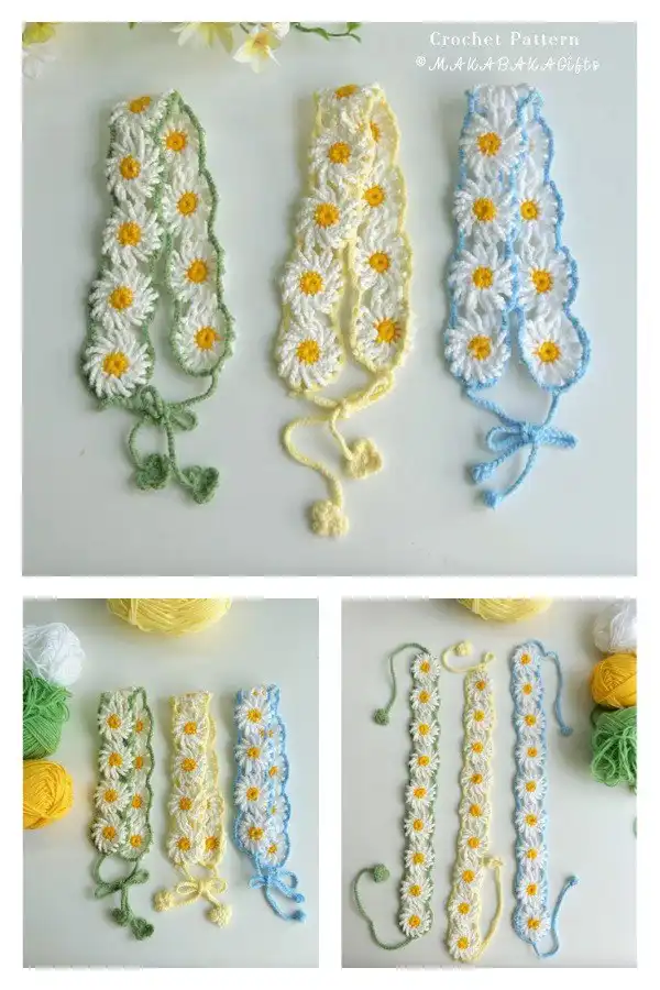 Close-up of a crocheted daisy headband bandana with intricate floral details and soft yarn texture.