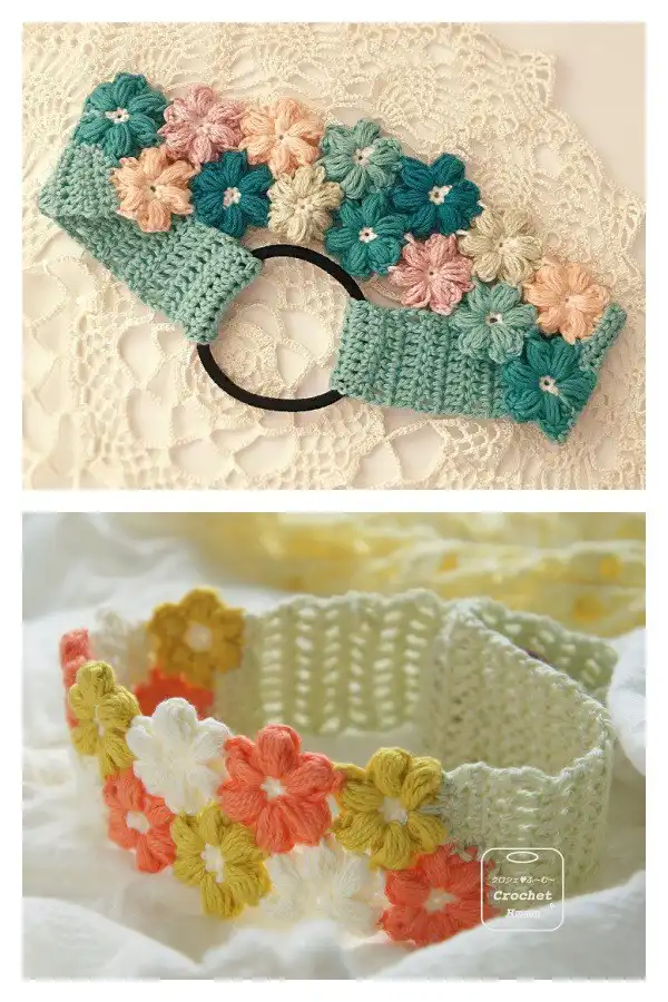 Textured crocheted headband featuring pronounced Mollie flower designs, highlighting depth and unique stitching.