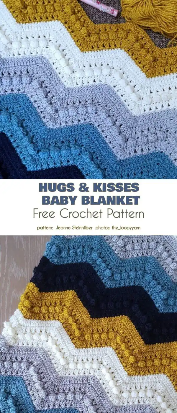 Day Kid Ripple Crochet Blanket Free Pattern 2 Close-up of a classic chevron Day Kid Ripple Crochet Blanket in contrasting navy and white, highlighting the sharp peaks and valleys of the design.