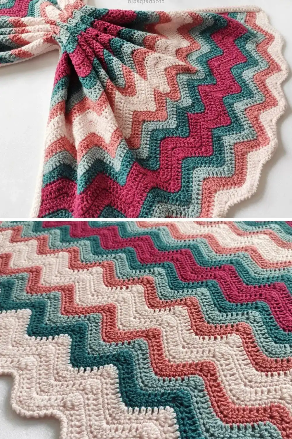 Day Kid Ripple Crochet Blanket Free Pattern 5 A vibrant rainbow Day Kid Ripple Crochet Baby Blanket, showcasing bright, cheerful stripes for a playful nursery accessory.