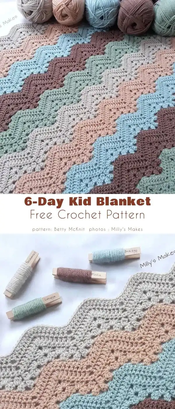 Day Kid Ripple Crochet Blanket Free Pattern 10 Seaside Day Kid Ripple Crochet Blanket featuring calming blues, sands, and whites, reminiscent of ocean waves and sandy beaches.