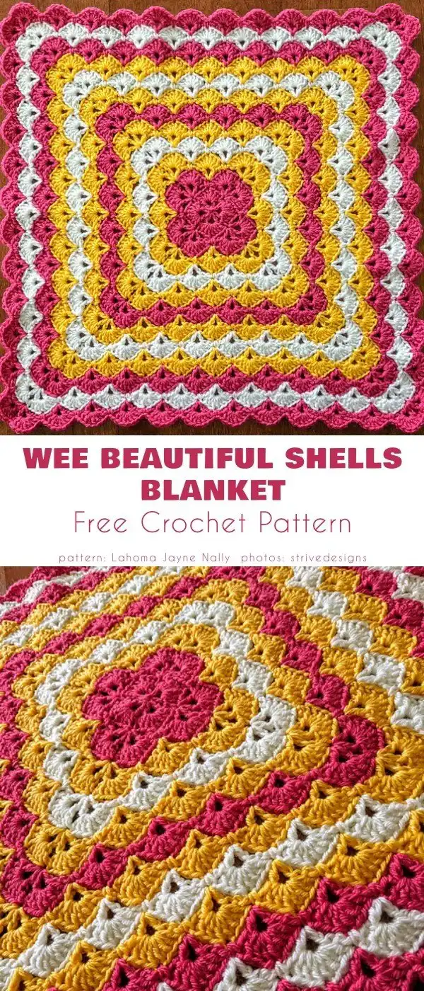 Close-up of a crocheted shell stitch sample, demonstrating the delicate pattern and texture ideal for a baby blanket.