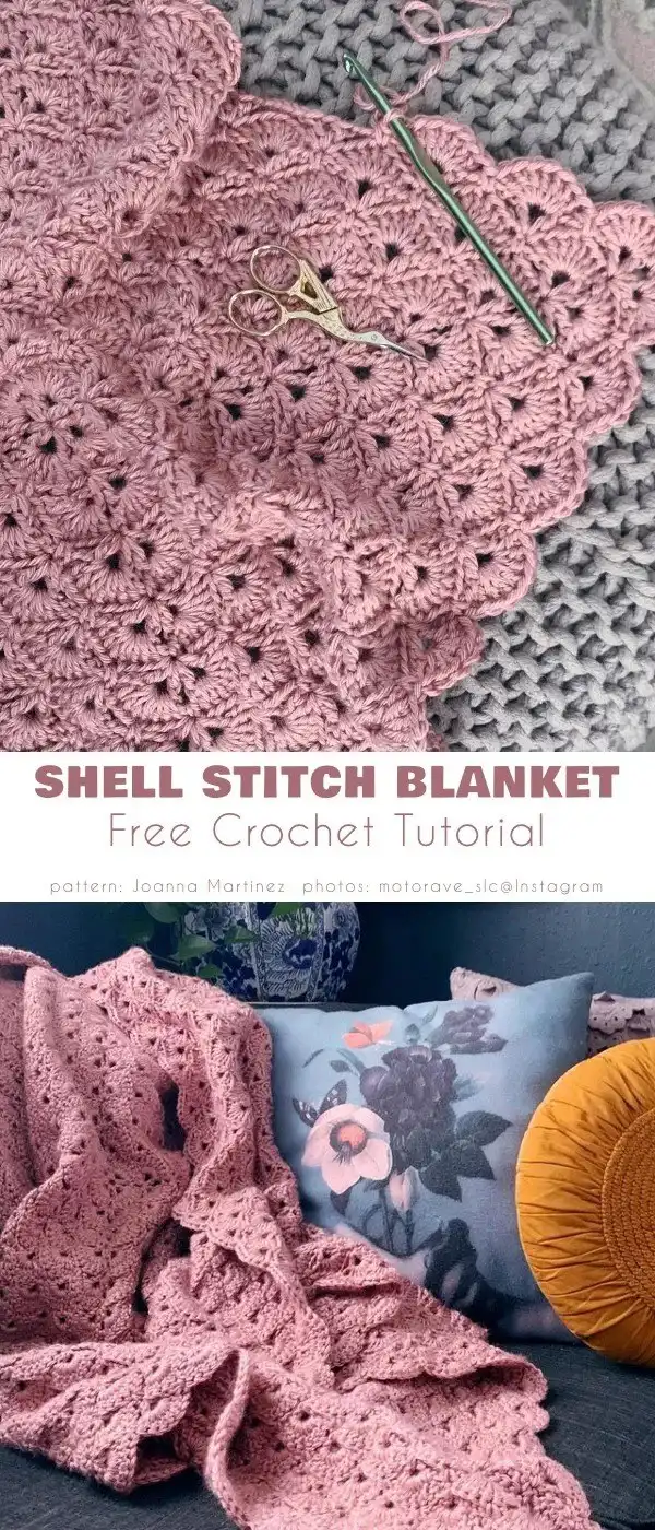 Wee Beautiful Shells Blanket featuring a three-color Delicate Shell Baby Blanket Free Pattern, demonstrating bold color transitions.