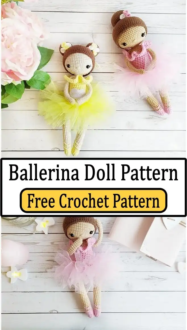 A classic ballerina doll pattern in crochet, showcasing a traditional white tutu and poised stance, ideal for a timeless handmade toy.