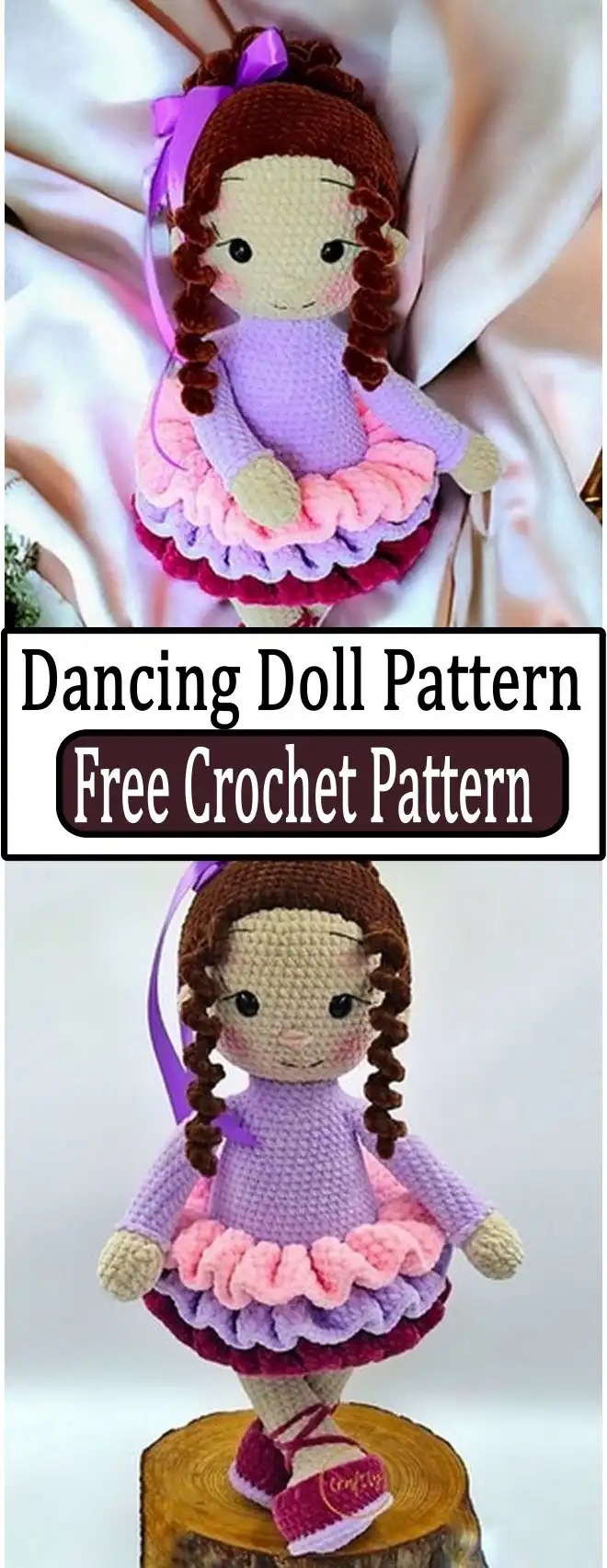 A vibrant dancing doll pattern crocheted, depicting a doll mid-movement with a flowing skirt and expressive details, inspiring play.
