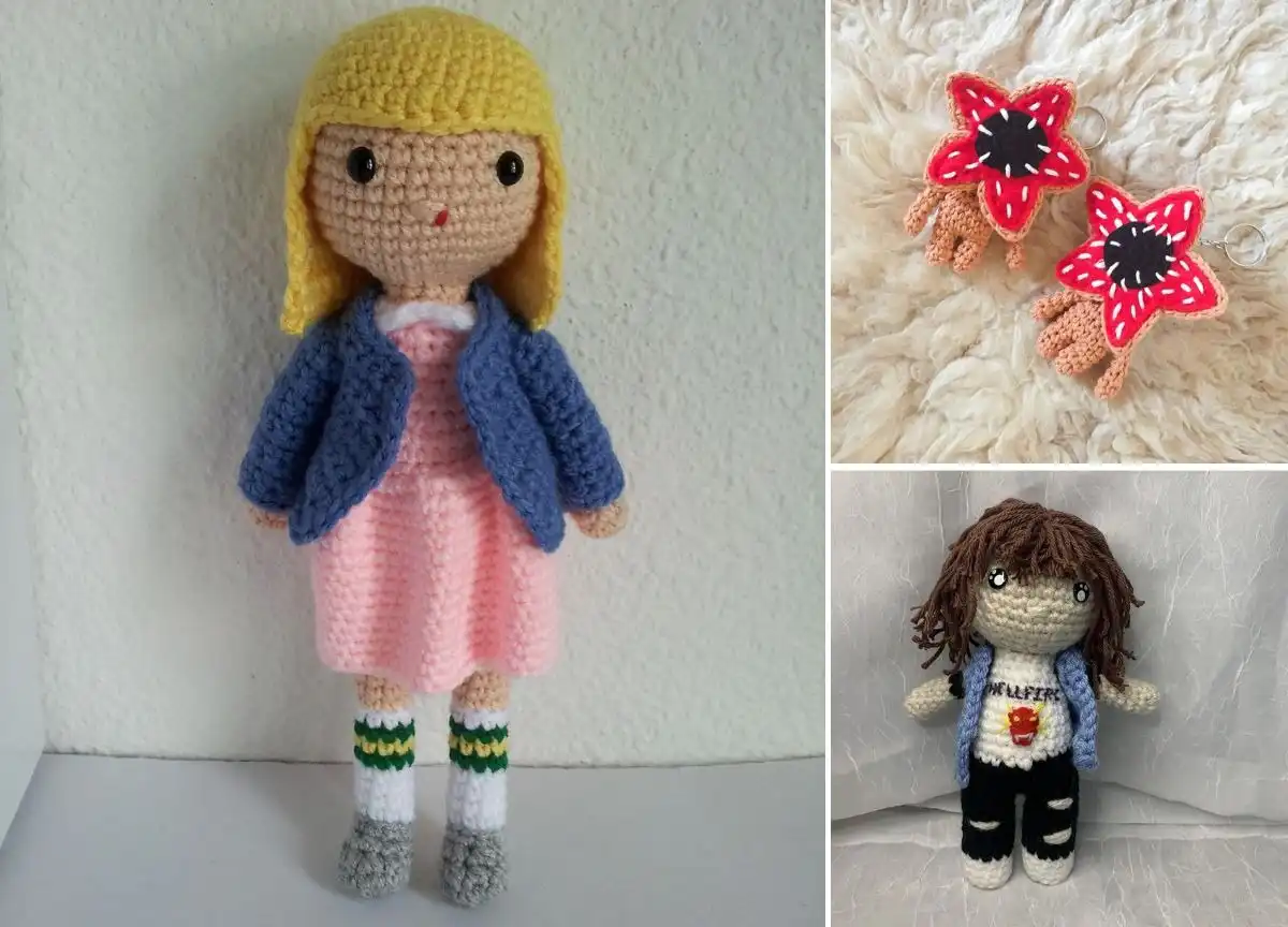 Collection of Stranger Things crochet patterns, prominently featuring a Demogorgon Hair Tie, Eleven's waffle, and Dustin's cap.