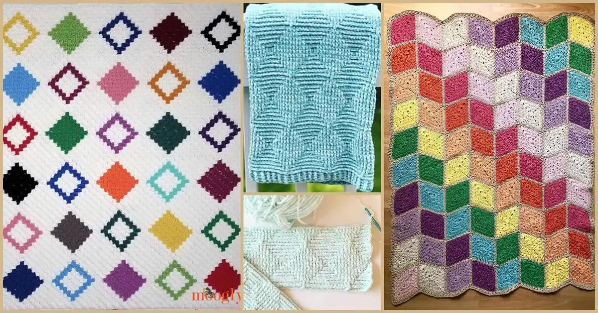 Featured image of a cozy, geometric diamond blanket in crochet, showcasing intricate patterns and soft textures.