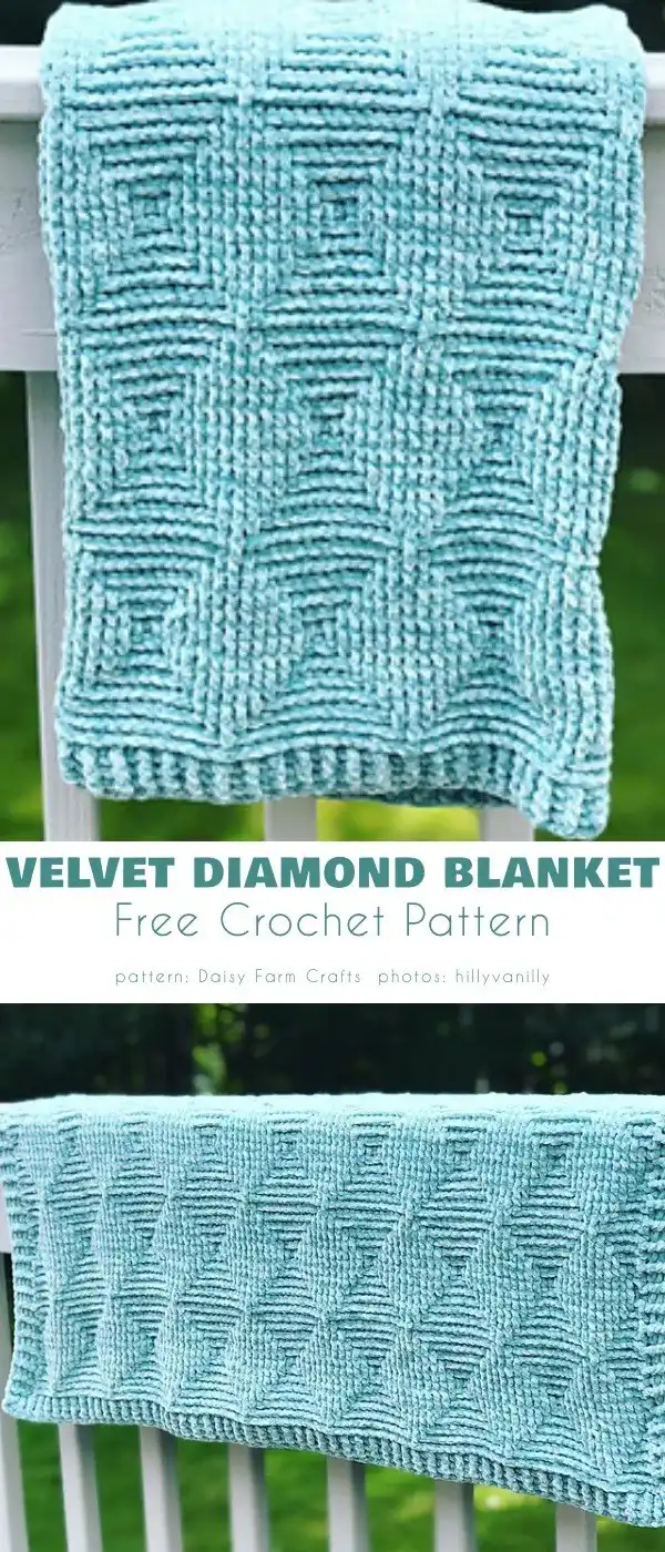 Close-up of a diamond pattern crochet blanket, highlighting the detailed stitch work and yarn texture.