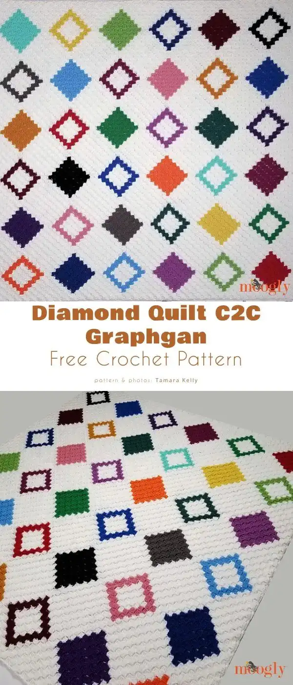 Prismatical Blanket Free Crochet Pattern with vibrant colors forming geometric diamond panels.
