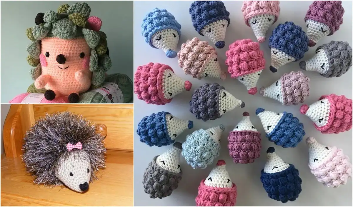 Collection of cute amigurumi hedgehogs featuring the Diddy Hedgehog Free Crochet Pattern in various colors and sizes.