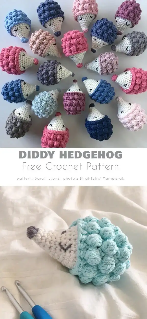 Close-up of a small, cuddly Diddy Hedgehog Free Crochet Pattern in soft brown yarn, showcasing its simple yet charming form.