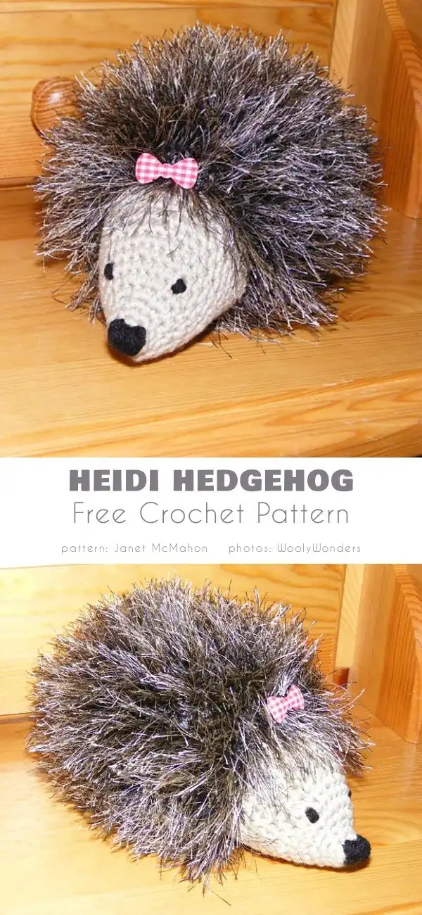Heidi Hedgehog Free Crochet Pattern with distinct facial features and soft textured quills, designed by Janet McMahon.