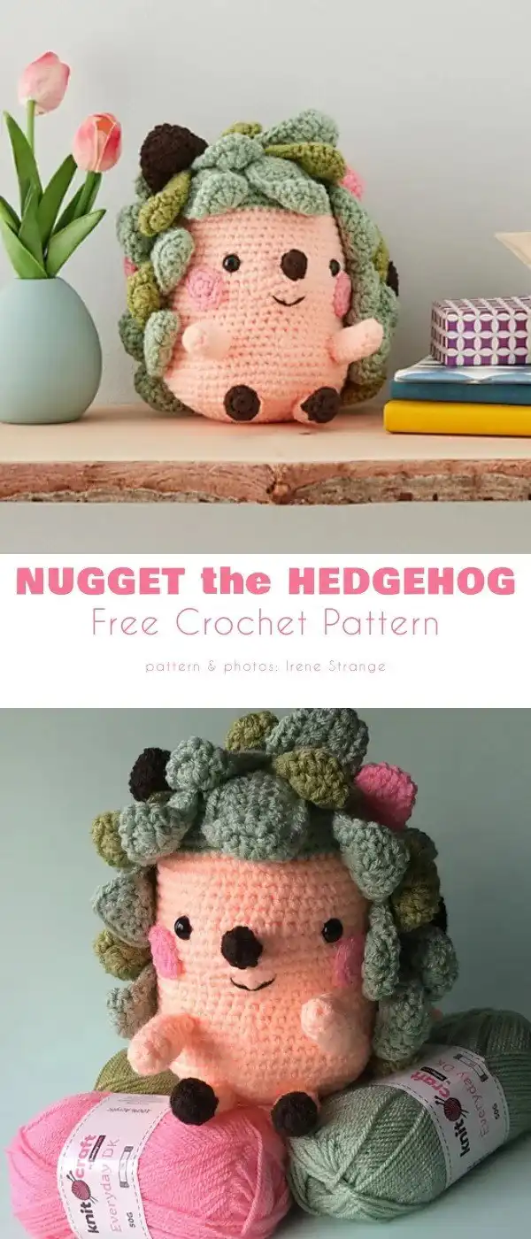 Nugget the Hedgehog amigurumi by Irene Strange, displaying its unique shape and endearing expression in a light brown yarn.