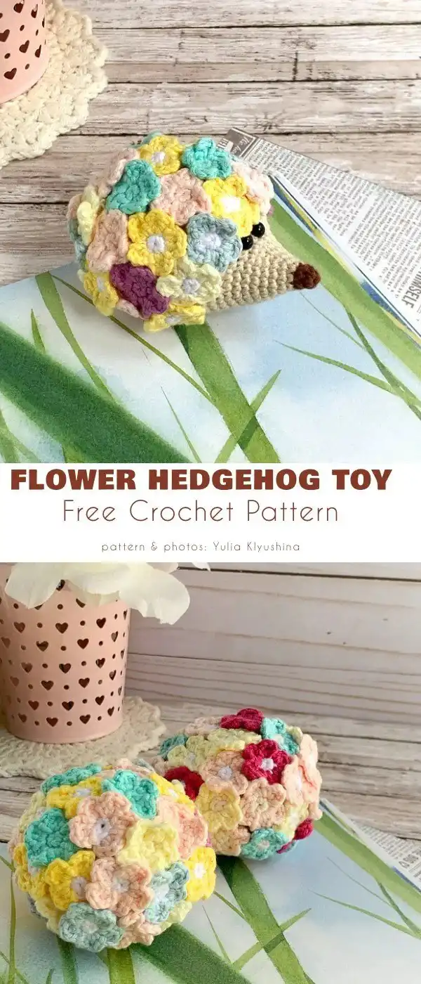 Flower Hedgehog Toy Free Crochet Pattern by Yulia Klyushina, featuring a hedgehog with a vibrant crocheted flower on its back.