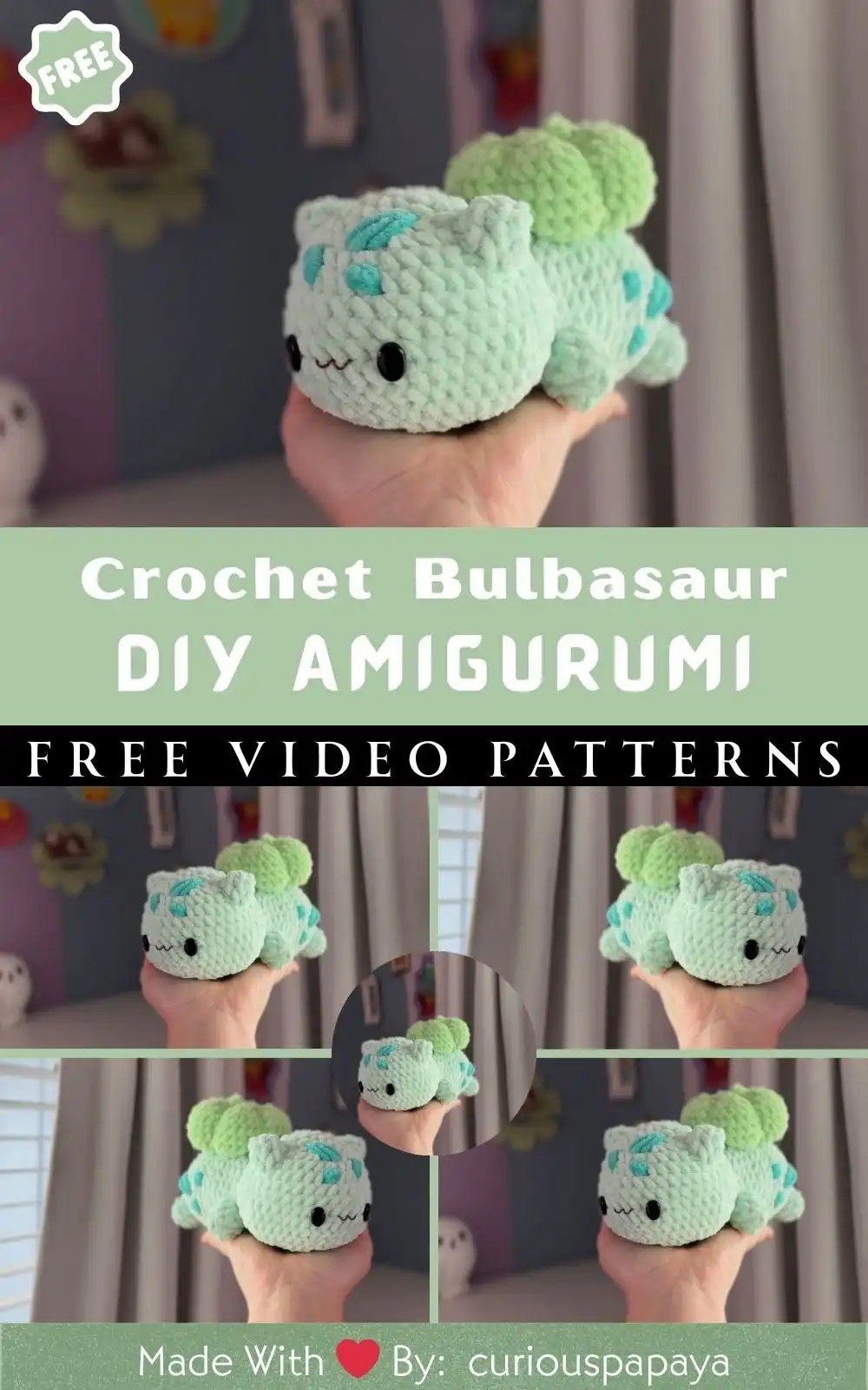 DIY Crochet Bulbasaur Pokemon Amigurumi Pattern 2 Close-up of a crocheted Bulbasaur amigurumi with customizable facial features, demonstrating unique expressions and color options for the DIY Crochet Bulbasaur Pokemon Amigurumi Pattern.