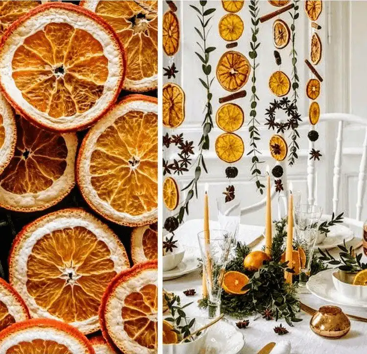 Unique Orange Slice Wall Hanging crafted from a natural branch with suspended dried orange slices, perfect for bohemian holiday decor.