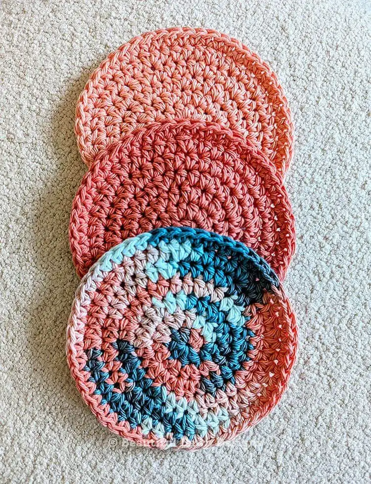 Close-up detail of an Easy 20-Minute Crochet Coaster showing the texture of the half double crochet stitches and the even expansion of rounds, perfect for a quick handmade gift.