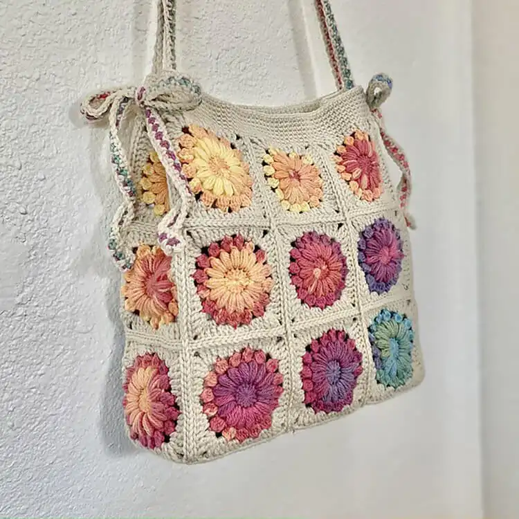 Easy Crochet Flower Bag Pattern 18 Colorful Rainbow Sunburst Tote crochet, made with gradient sunburst granny squares.