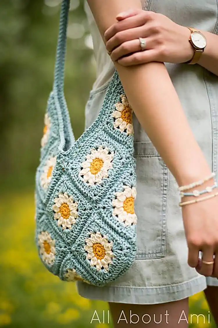 Easy Crochet Flower Bag Pattern 4 Brown crochet shoulder bag adorned with yellow and white daisy granny squares, vintage style.