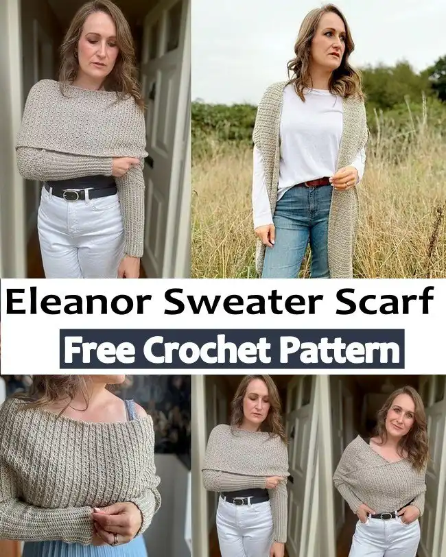 Easy Crochet Sweater Scarf with Sleeves Pattern Stylish and Cozy 2 Close-up of a Delphine Scarf with Sleeves, highlighting its unique texture and the seamless integration of scarf and sleeves, in a soft, neutral yarn color.