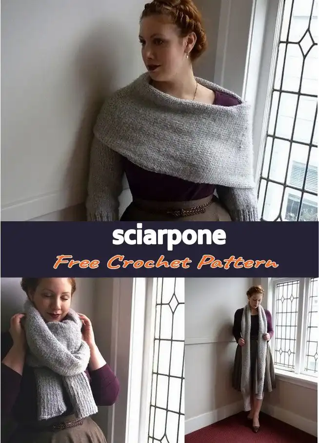 Easy Crochet Sweater Scarf with Sleeves Pattern Stylish and Cozy 5 A detailed view of the Morgaine Sweater Scarf, featuring its intricate chunky twisted cables and delicate filet patterns, knitted in a rich, heathered yarn.