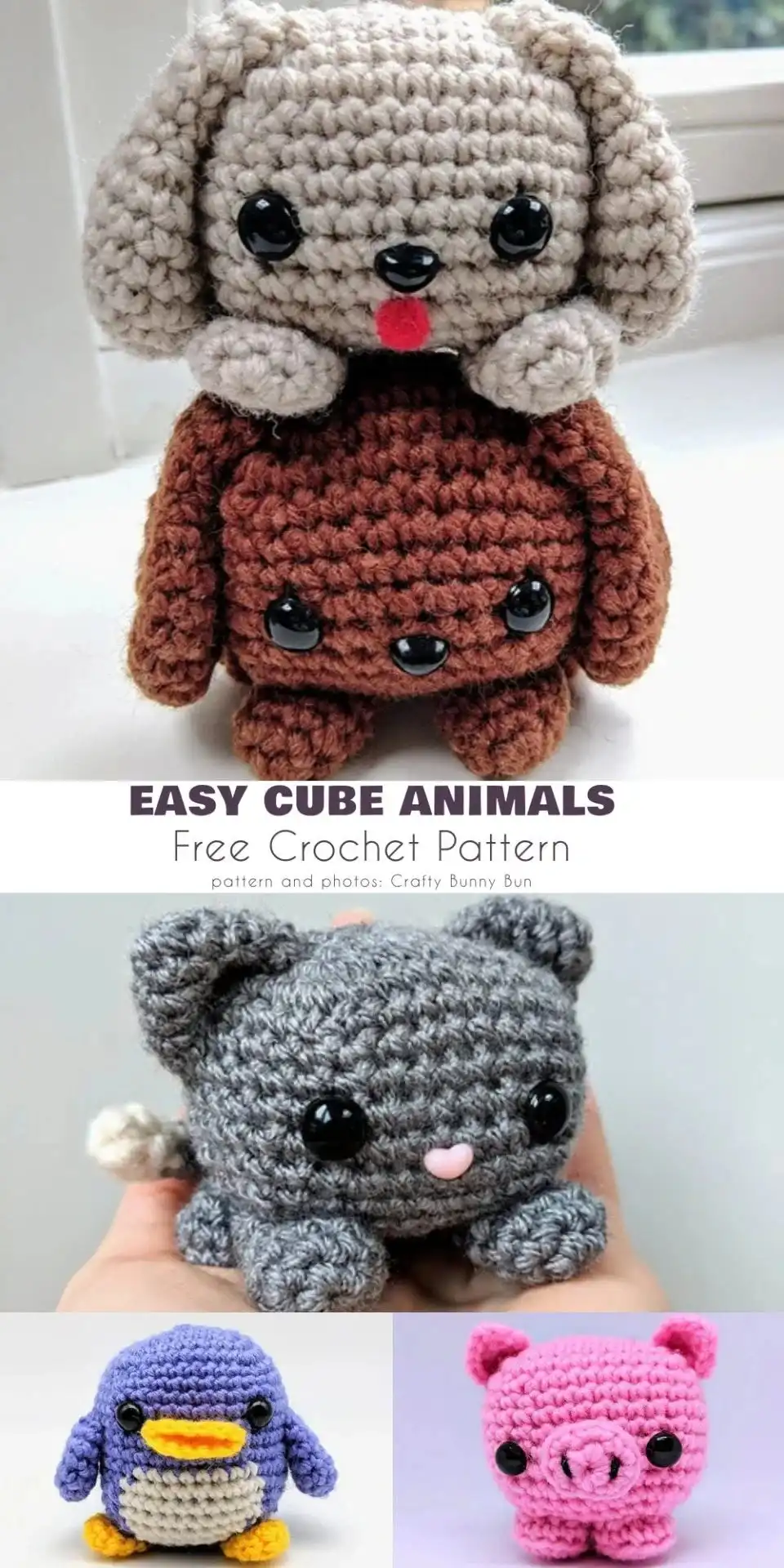 Close-up of various easy cube crochet animals, highlighting their simple shapes and vibrant colors.