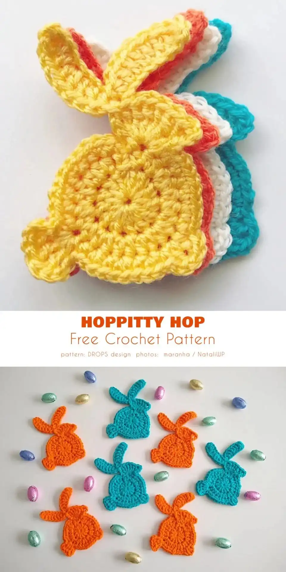 A cute flat spring chick crochet applique in bright yellow with an orange beak.