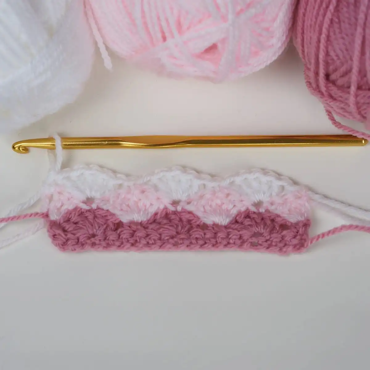 Completed second row of shells in the Easy Shell Stitch Crochet Pattern, showing the alternating pattern.