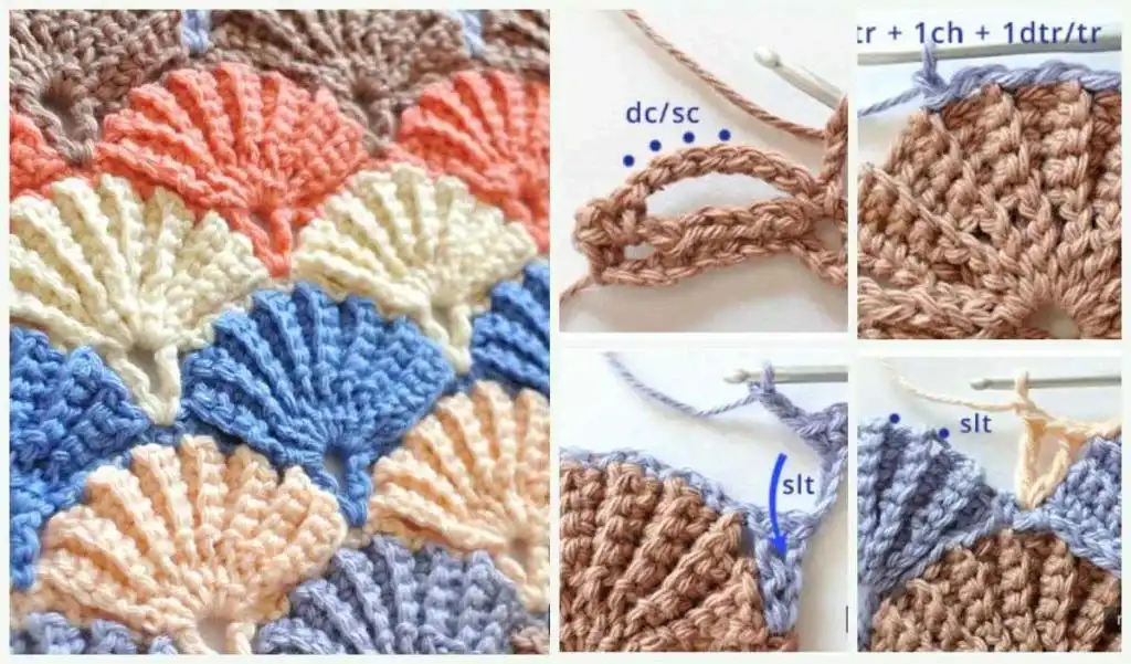 Video tutorial screenshot showing how to change colors in the middle of a shell stitch crochet pattern for advanced techniques.