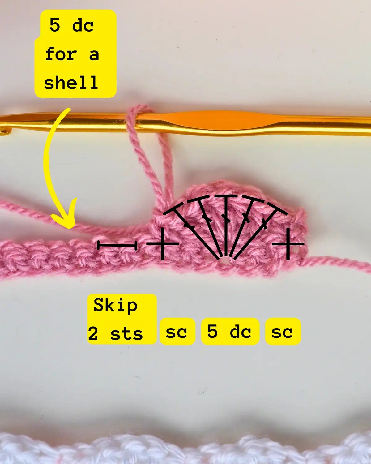 Step-by-step photo of making the first shell in Row 1 of the Easy Shell Stitch Crochet Pattern.
