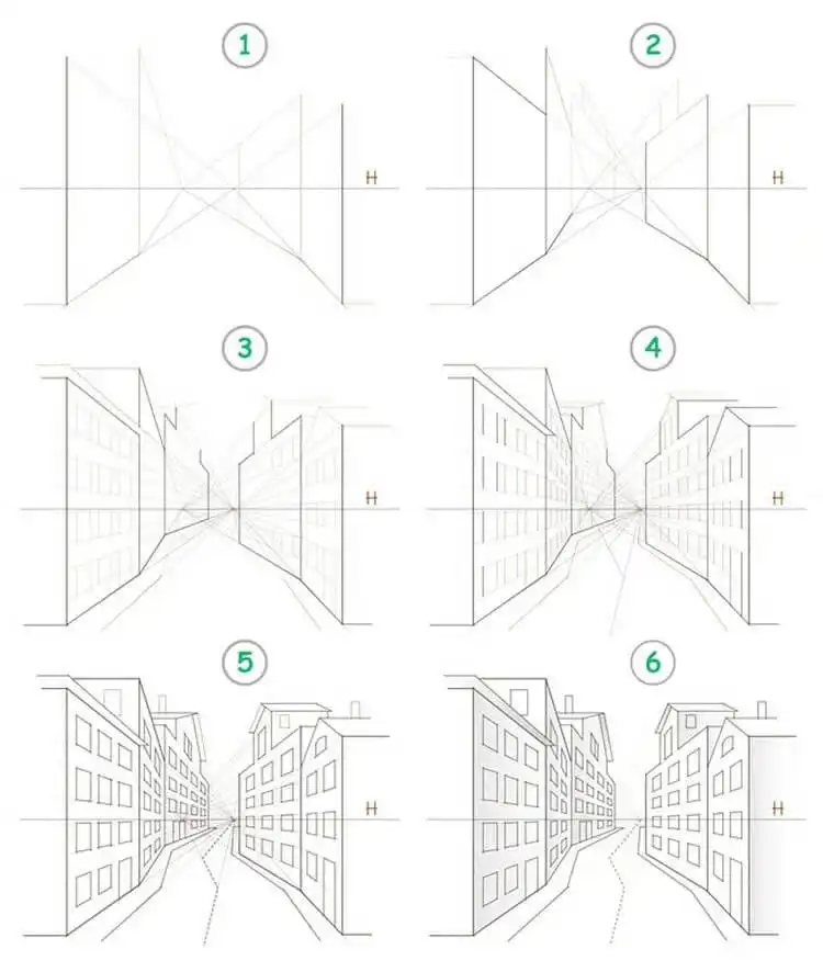 Drawing of multiple city buildings, showcasing various architectural styles for Easy Step-by-Step Drawing Tutorials for Artists