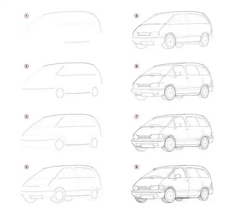 Drawing of a modern minivan, focusing on vehicle proportions and curves for Easy Step-by-Step Drawing Tutorials for Artists