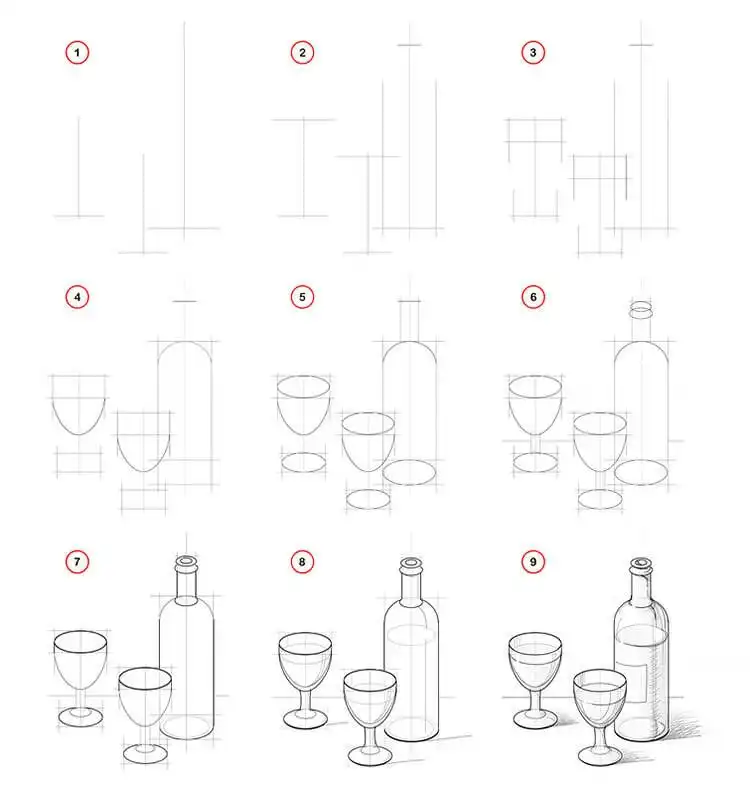 Drawing of a elegant wine bottle with two wine glasses, focusing on translucency for Easy Step-by-Step Drawing Tutorials for Artists