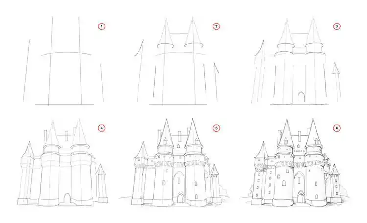 Drawing of a majestic castle with turrets and battlements, for Easy Step-by-Step Drawing Tutorials for Artists