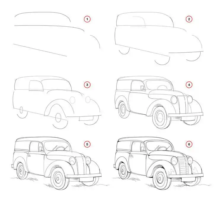 Drawing of a vintage old car, emphasizing classic details and worn textures for Easy Step-by-Step Drawing Tutorials for Artists