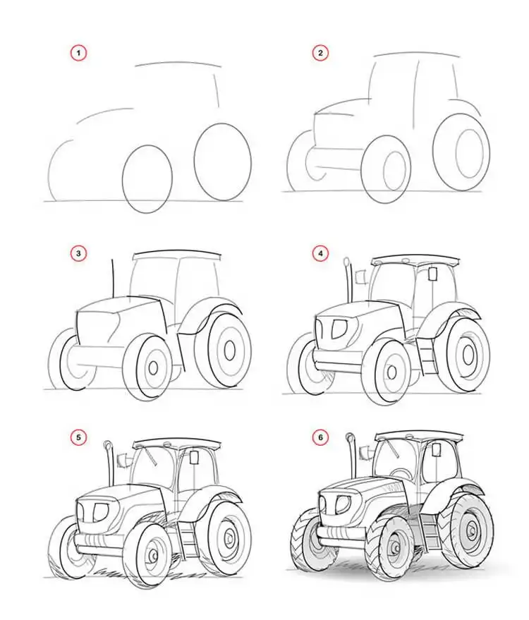 Drawing of a rustic tractor, focusing on mechanical details for Easy Step-by-Step Drawing Tutorials for Artists