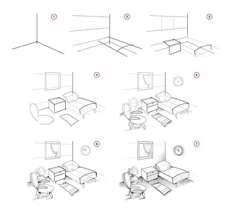 3D drawing of a cozy bedroom interior with furniture, demonstrating perspective for Easy Step-by-Step Drawing Tutorials for Artists