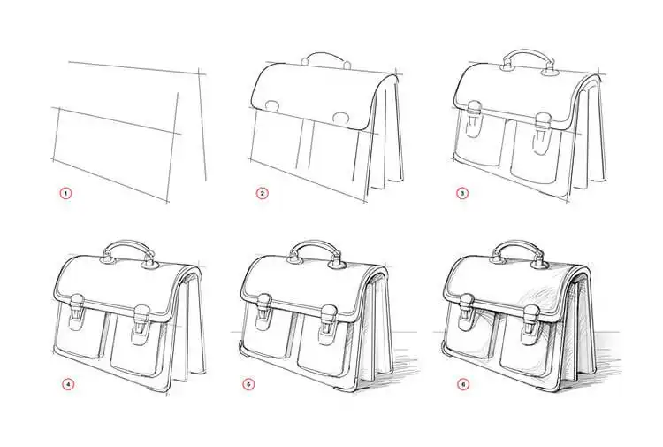 Drawing of a leather briefcase, showing sharp angles and texture for Easy Step-by-Step Drawing Tutorials for Artists
