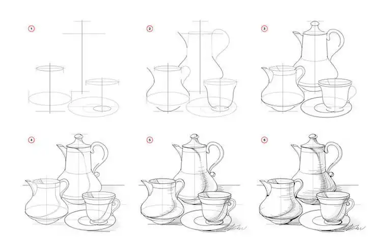 Still-life drawing of an elegant tea set, with teapots and a teacup, for Easy Step-by-Step Drawing Tutorials for Artists