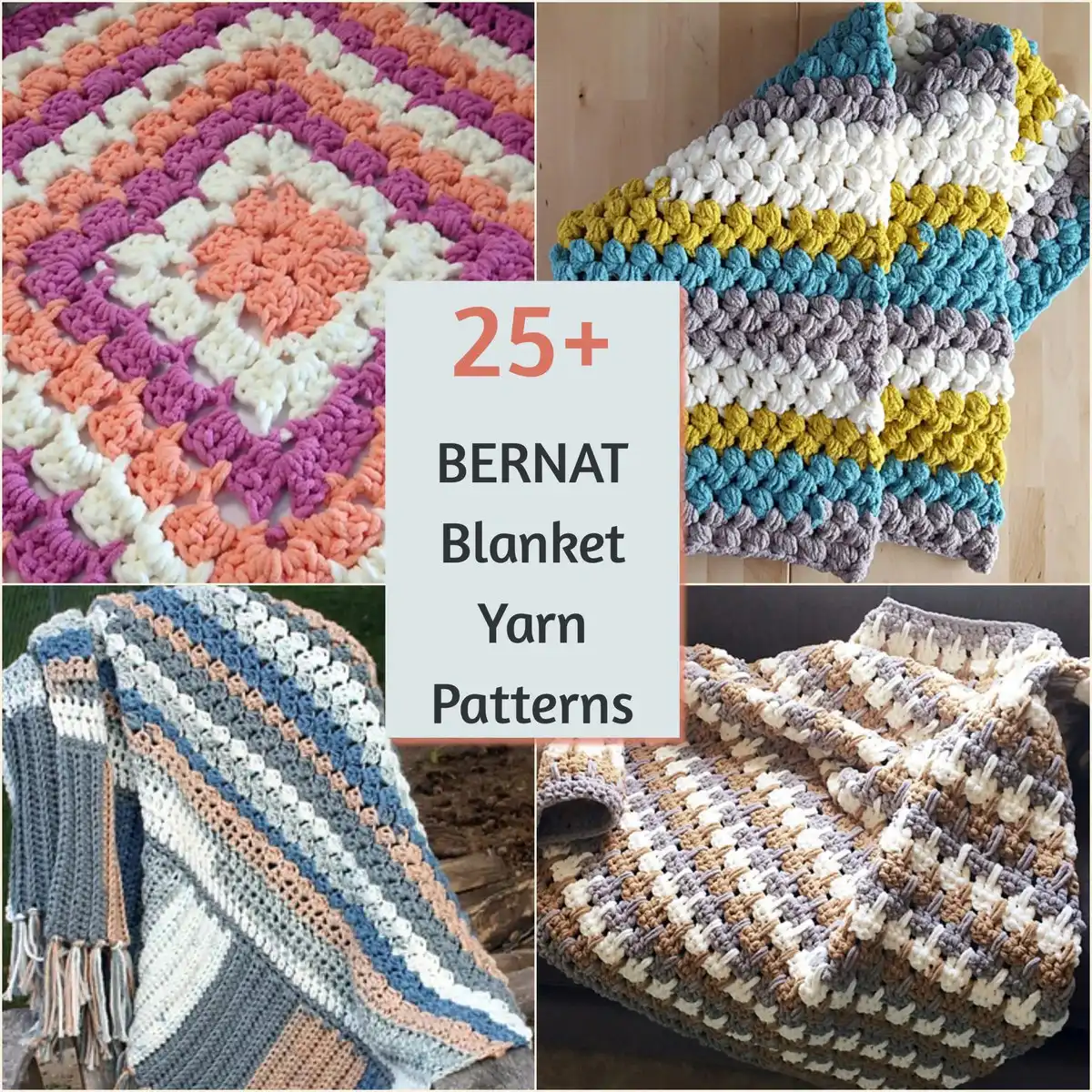 A diverse collection of cozy blankets and soft amigurumi made with Bernat Blanket Yarn, showcasing various textures and colors.