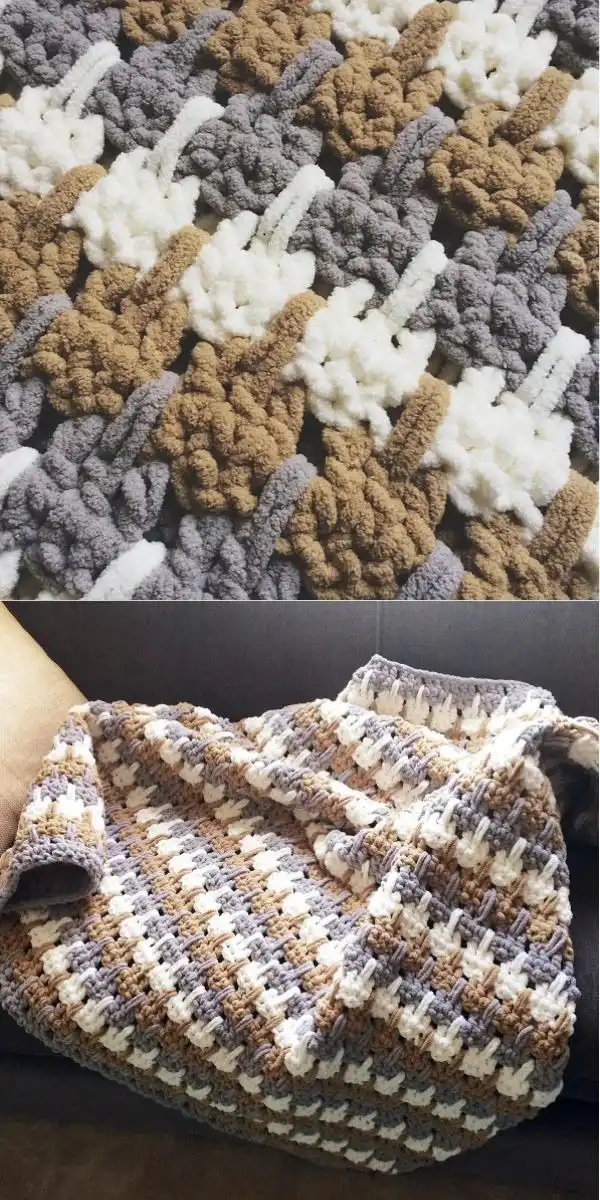 Westerly Beach Cottage Throw, a chunky and squishy crochet blanket in light blue and white, evoking a coastal feel.