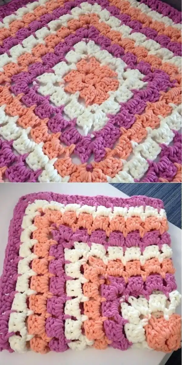 Larksfoot Blanket, featuring intricate chunky stitches in a multicolored pattern, showcasing the larksfoot stitch design.