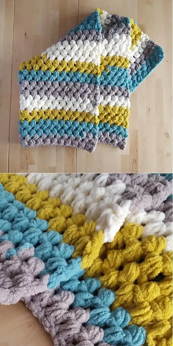 From the Middle Baby Blanket, a vibrant and cheerful circular baby blanket crocheted with Bernat Blanket Yarn.