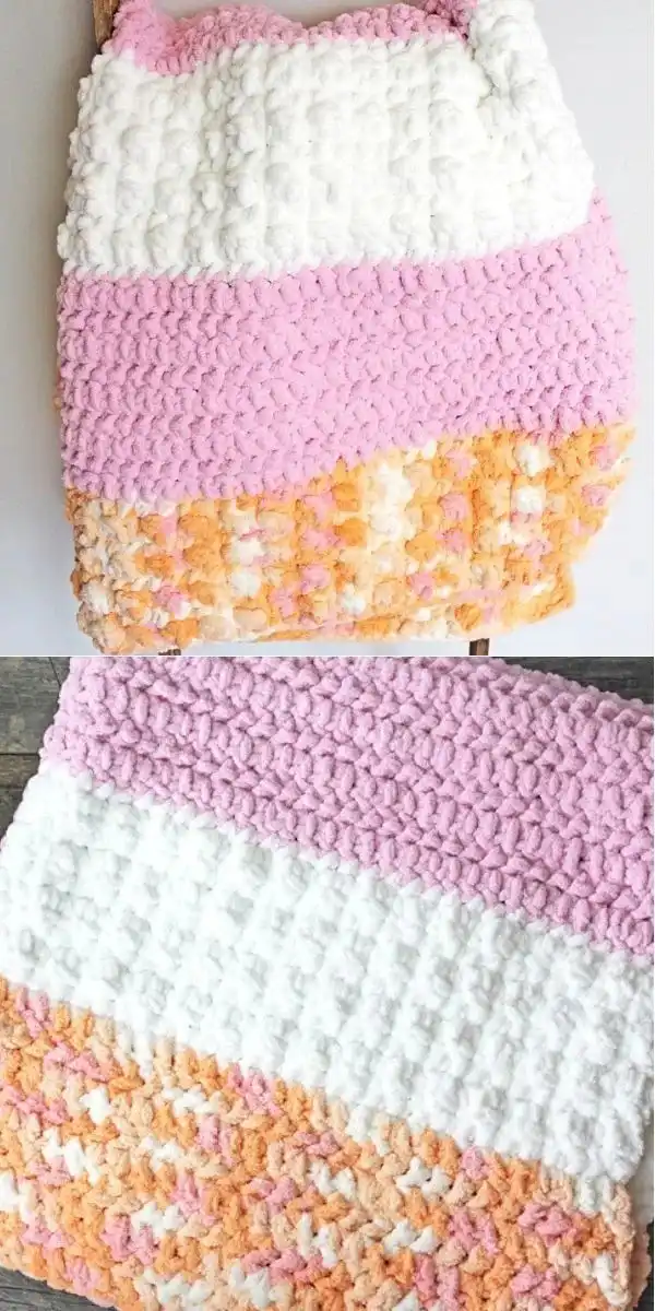 Vienna’s Baby’s Blanket, a soft and breathable crochet baby blanket with a unique texture, in gentle colors.