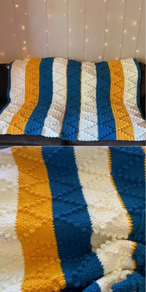 Peachy Stripe Baby Blanket, featuring peach and cream stripes with a textured stitch pattern, ideal for beginners.