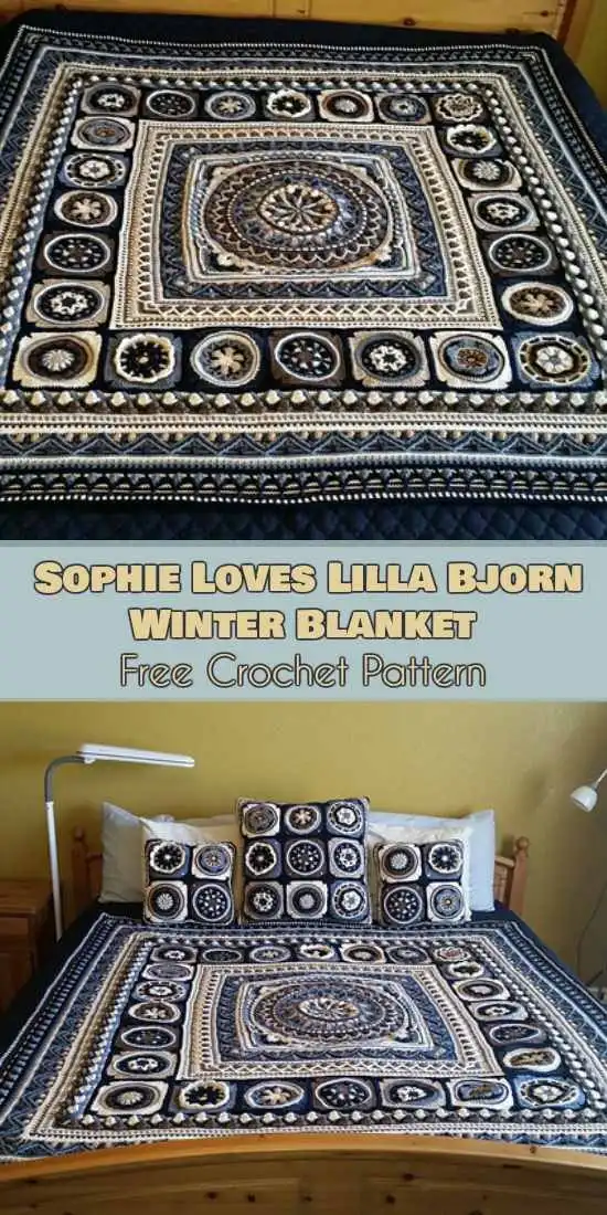 Sophie Loves Lilla Bjorn Winter Blanket, an intricate and warm crochet blanket with detailed stitch patterns, ideal for winter.