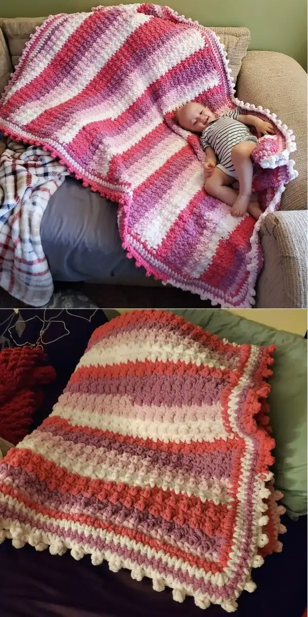 The Snow Berries Throw, a modern striped square crochet blanket made with Bernat Blanket Yarn, featuring vibrant colors.