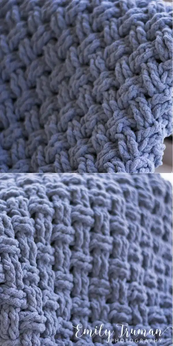 Aubreys Pebble Blanket, a baby blanket with colorful stripes and pebble stitch texture, made with Bernat Blanket Yarn.