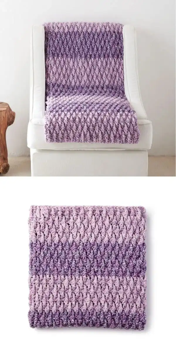 Diagonal Weave Blanket, showcasing a unique textured pattern created with Bernat Blanket Yarn, ideal for advanced crocheters.