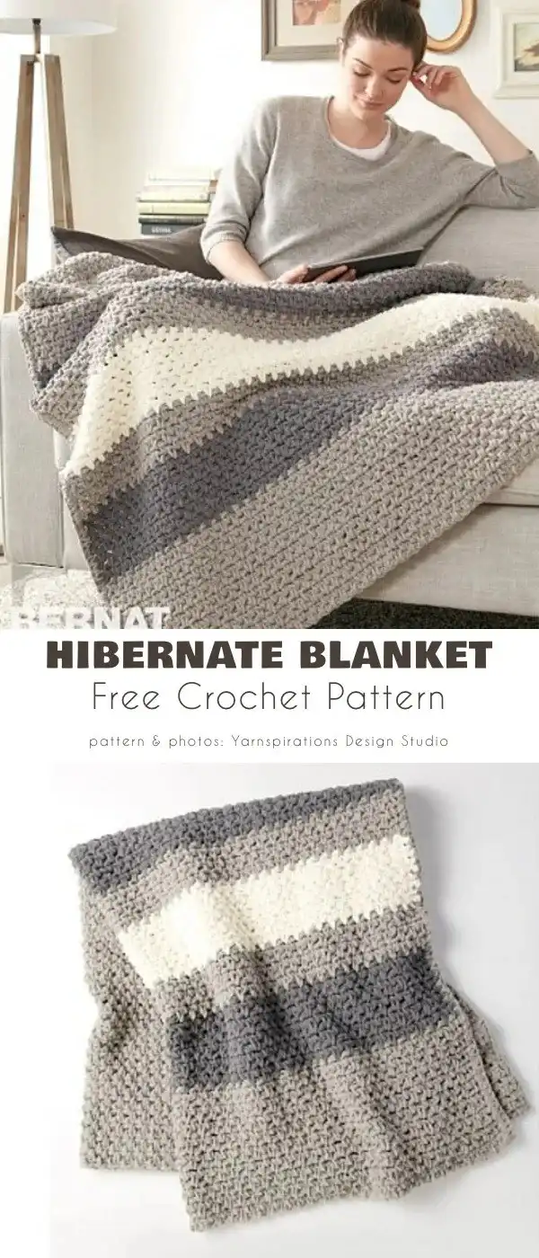 Lush Life Blanket, a chunky, modern striped throw made with Bernat Blanket Yarn, draped on a contemporary sofa.
